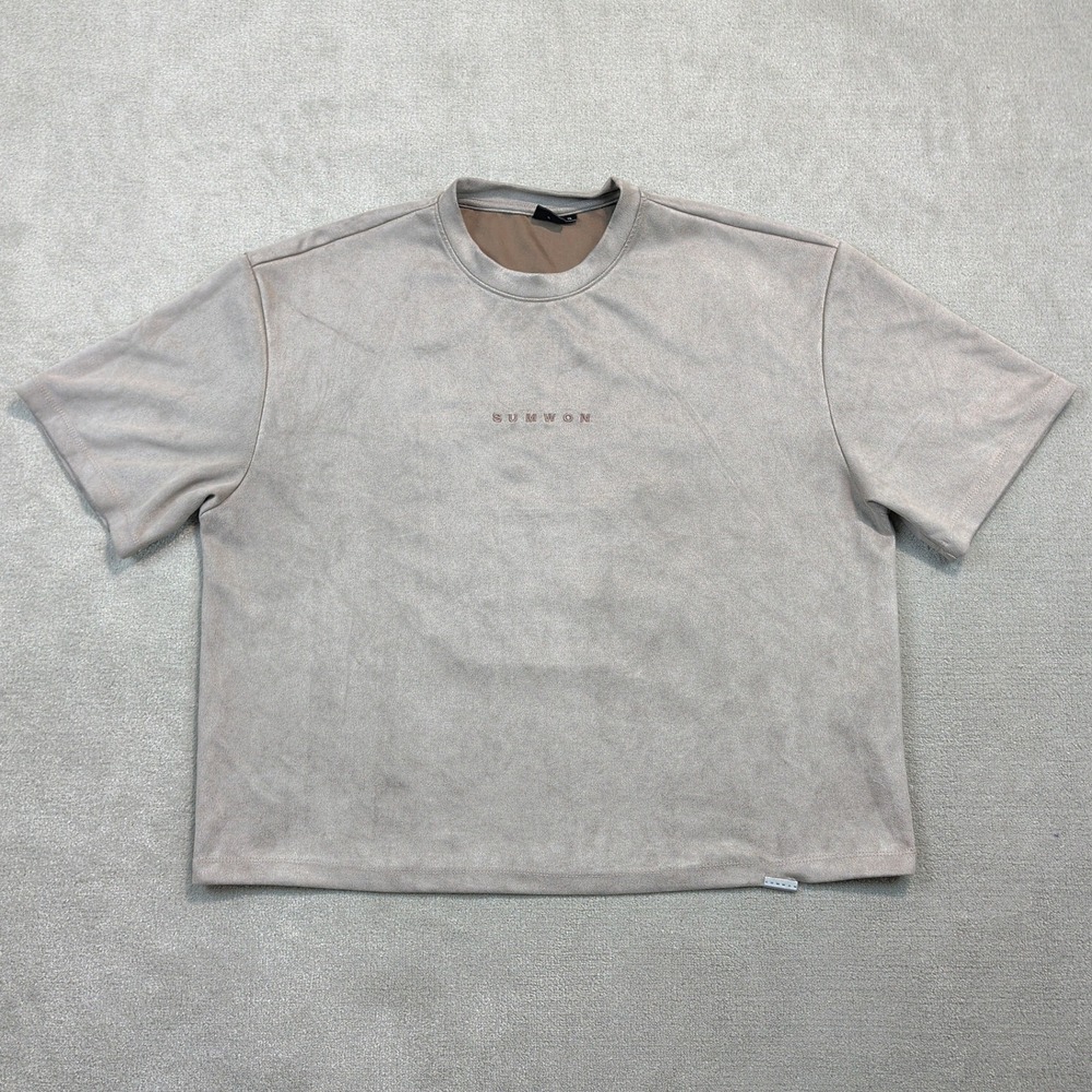 Sumwon Faux Suede T-Shirt Mens XL Tan Boxy Fit Embroidered Logo Back Graphic 9